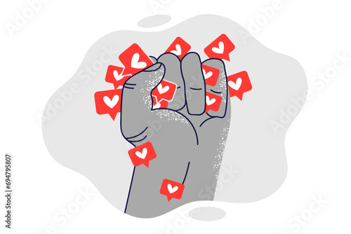 Fist squeezing like icons from social networks symbolizes fight against digital addiction