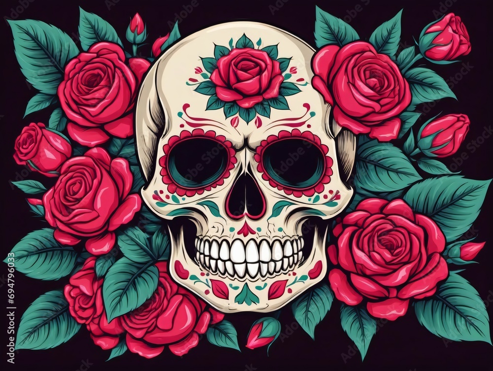 Mexican Roses Skull Vector Illustration. Mexican Roses Skull Vector Illustration.