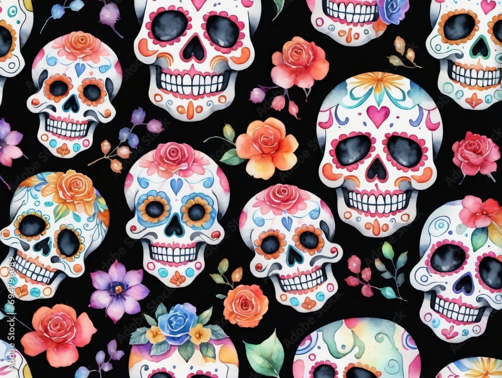 Watercolor Illustration Of Seamless Sugar Skulls Pattern On Black Background. Watercolor Illustration Of Seamless Sugar Skulls Pattern On Black Background.