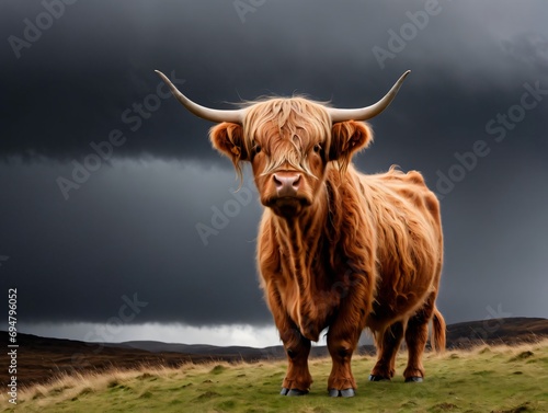 Photo Of Highland Cow With A Backdrop Of A Stormy Sky