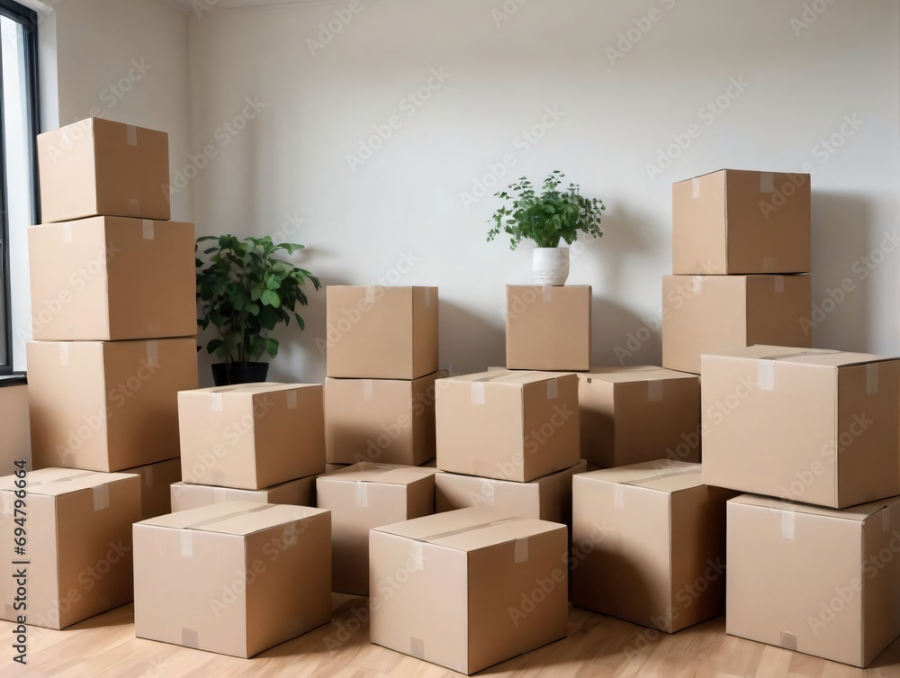 Full Of Boxes Waiting To Be Unpacked On Moving Day, Moving House Day And Real Estate Concept, Boxes Waiting To Be Moved Into A New Home. Full Of Boxes Waiting To Be Unpacked On Moving Day, Moving House Day And Real Estate Concept, Boxes Waiting To Be Moved Into A New Home.
