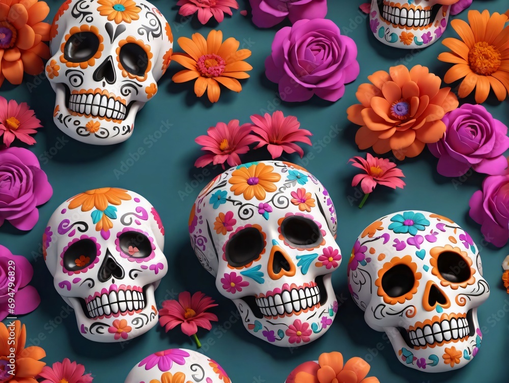 3D Illustration Of Day Of The Dead Celebration With Sugar Skulls And Flowers.
