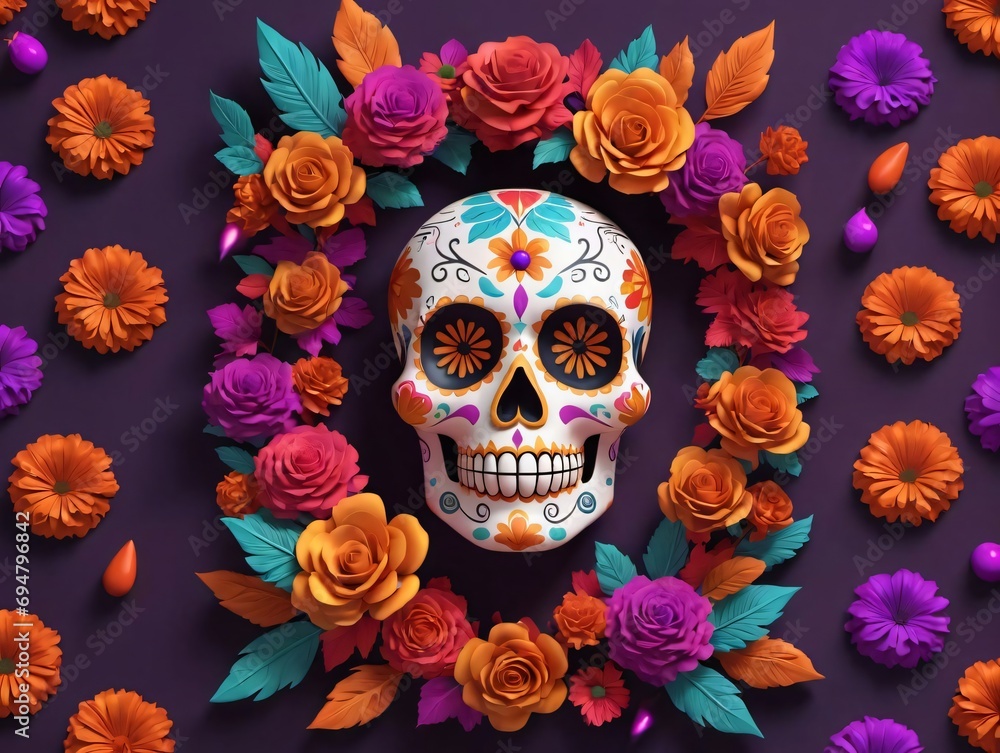 3D Illustration Of Dia De Los Muertos Holiday Poster. 3D Illustration Of Dia De Los Muertos Holiday Poster.