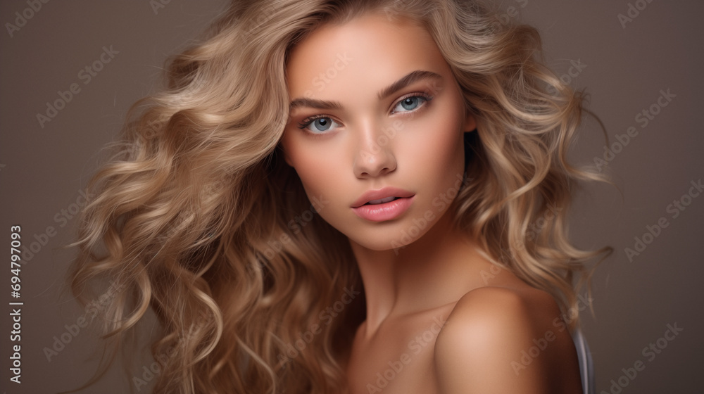 Studio portrait of beautiful young woman. Positive expression portrait of stylish blonde lady. AI generated.