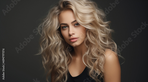 Studio portrait of beautiful young woman. Positive expression portrait of stylish blonde lady. AI generated.