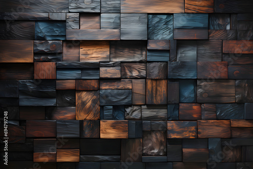 wooden wall exterior, patchwork of raw wood forming a beautiful parquet wood pattern,Wood wall pattern.Ai