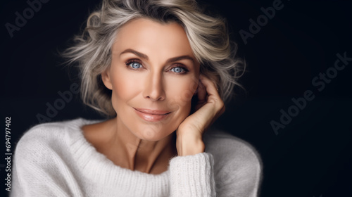 Studio portrait of beautiful natural middle aged woman. Smiling positive portrait of stylish blonde lady. AI generated.