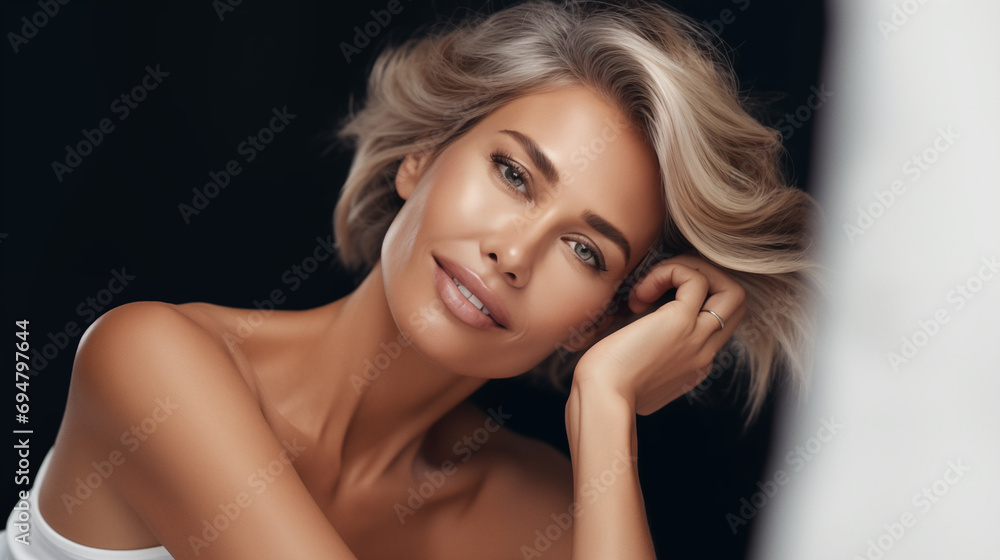 Fototapeta premium Studio portrait of beautiful natural middle aged woman. Smiling positive portrait of stylish blonde lady. AI generated.