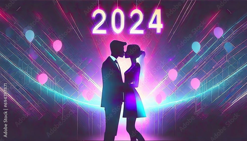 A couple kissing at the new years eve of 2024 