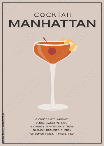 Manhattan Classic Cocktail garnished with maraschino cherry. Classic alcoholic beverage recipe wall art print. Summer aperitif poster. Minimalist alcoholic drink placard. Vector illustration.