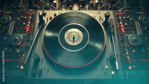 future style music dj turntables and audio control with cyberpunk city skyline