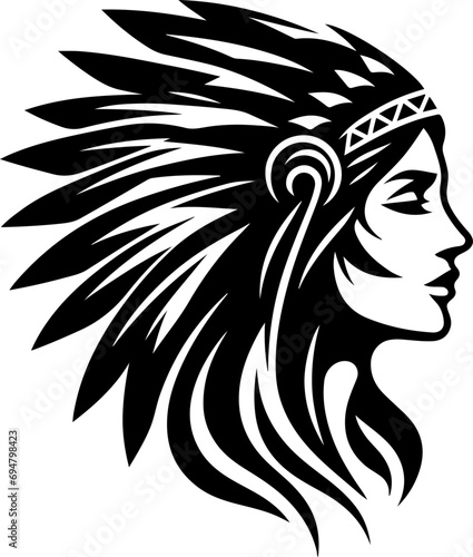 Empowered Traditions. Native American Indian Woman Portrait Logo in Striking Black Silhouette