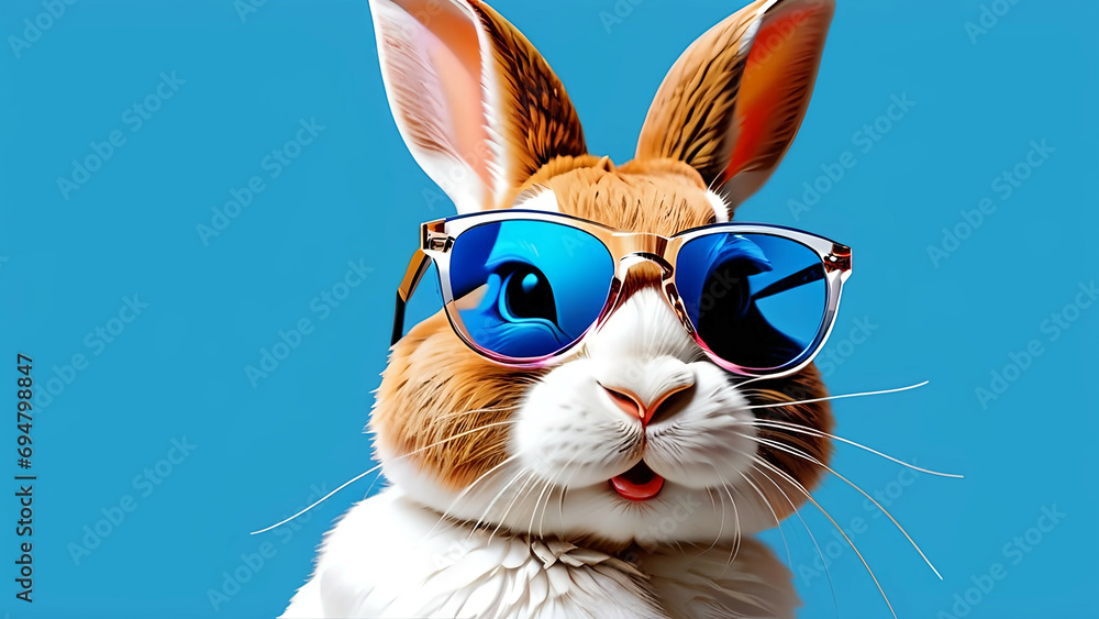 rabbit. transparent sunglasses, plain blue background, AI generated