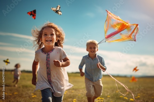 Playful kids playing with colorful kites on a breezy summer day, carefree outdoor fun