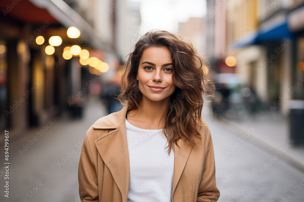 Portrait of an attractive smiling woman standing on the street with the city background blurred behind him Portrait of an attractive smiling woman standing on the street with the city background blurred behind him