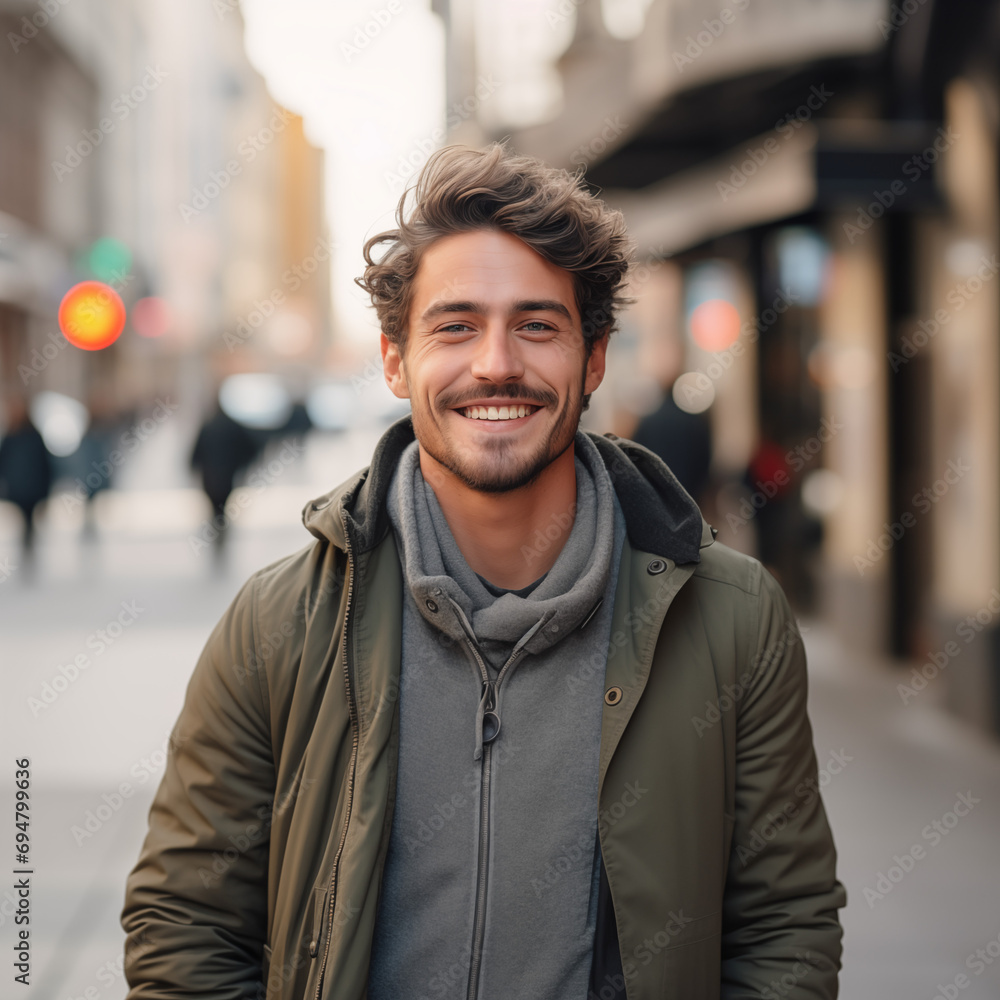 Squared portrait of an attractive smiling man standing on the street with the city background blurred behind him Squared portrait of an attractive smiling man standing on the street with the city background blurred behind him