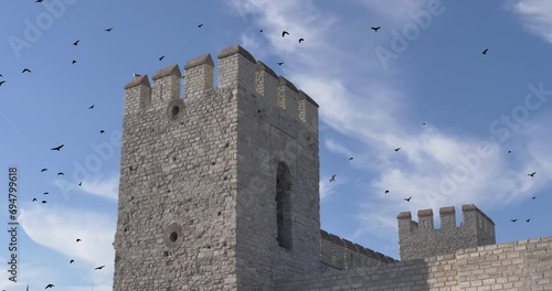 Genoese watchtower with a fortress wall in Istanbul against a blue sky with a flying flock of black crows photo