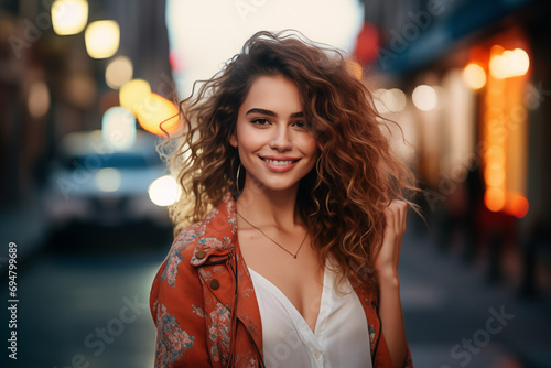 Portrait of an attractive smiling woman standing on the street with the city background blurred behind him photo