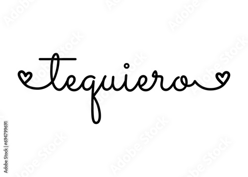 Logo con palabra en texto manuscrito te quiero en español con raya de decoración de caligrafía con corazón para su uso en tarjetas y felicitaciones de San Valentín