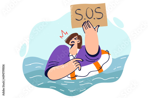 Business woman showing SOS sign swimming in river with lifebuoy after being fired and going bankrupt