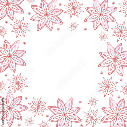 Hand drawn watercolor beautiful snow flakes frame border isolated on white background. Can be used for cards  labels  banner and other printed products.