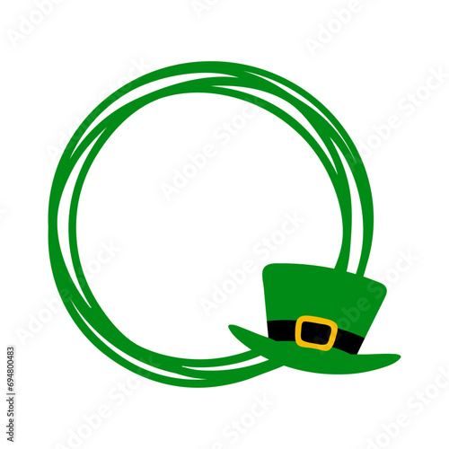 Día de San Patricio. Logo con marco circular con líneas con sombrero verde de leprechaun para su uso en felicitaciones y tarjetas