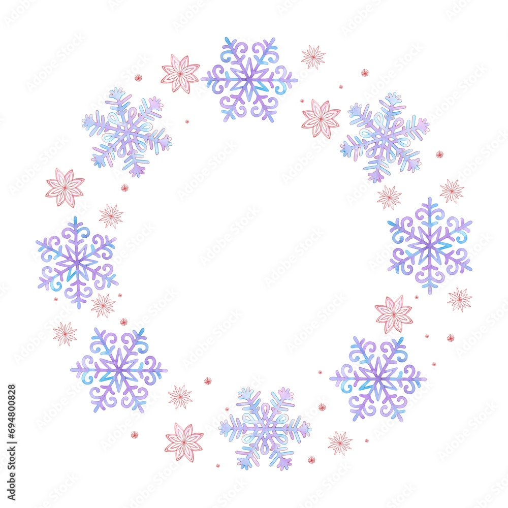 Hand drawn watercolor beautiful snow flakes wreath frame border isolated on white background. Can be used for cards, labels, banner and other printed products. Hand drawn watercolor beautiful snow flakes wreath frame border isolated on white background. Can be used for cards, labels, banner and other printed products.