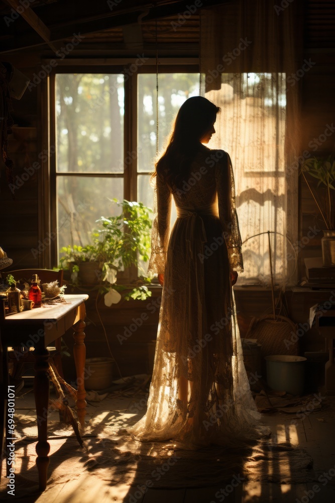 Fototapeta premium Woman's elegant shadow cast by the sun's rays in a cozy wooden cottage setting, Generative AI