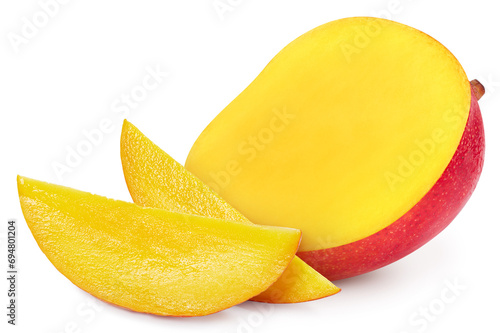 Fresh organic mango with leaves isolated on white background
