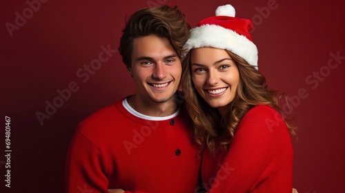 closeup of young couple in stylish Christmas clothes  one color background  copy space - generative ai