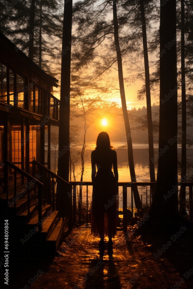 Woman's silhouette in the embrace of the sun's rays in a tranquil cabin setting, Generative AI