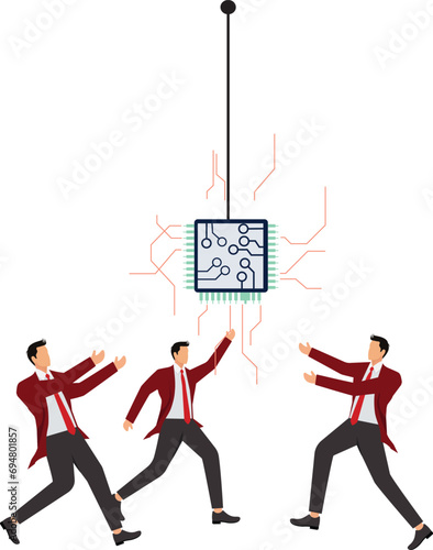 Businessman tug of war fighting to get computer chip