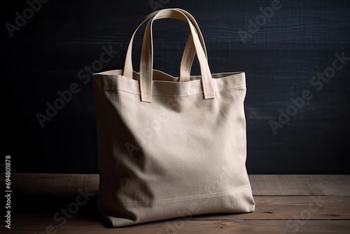 Beige blank canvas cloth bag mockup stands on wooden table on dark background