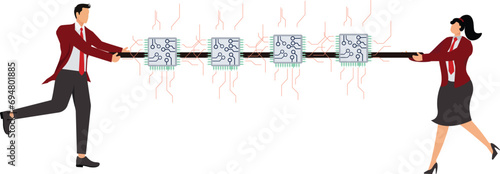Business people tug of war fighting to get computer chip