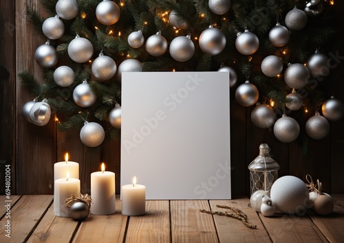 Wallpaper Mural Mockup empty, tall blank wooden poster frame with Christmas decorations in the background Torontodigital.ca