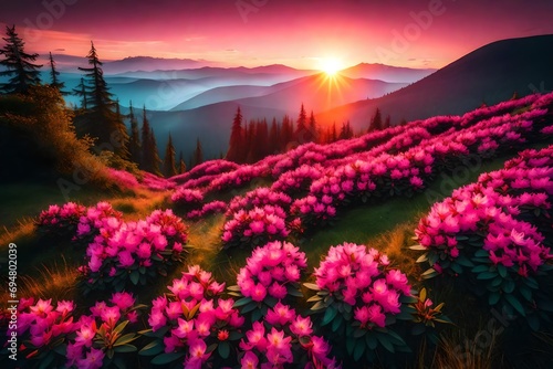 Charming pink flower rhododendrons at magical sunset.