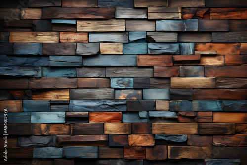 Colorful wooden blocks bricks wall background.wooden wall exterior  patchwork of raw wood forming a beautiful parquet wood pattern Wood wall pattern.Ai