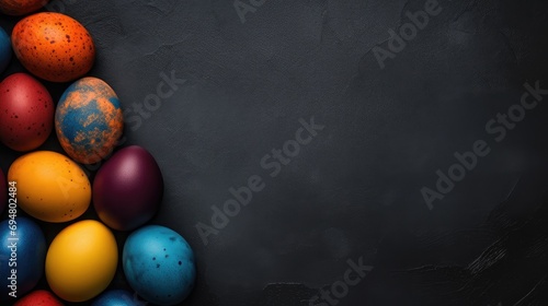 Trendy Easter vibes! Our image showcases purple, blue, and golden eggs on a dark concrete background, following the 2024 very peri trend.