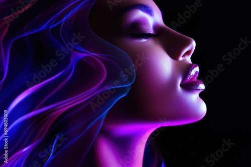 Abstract profile close-up portrait of woman s face under purple neon light
