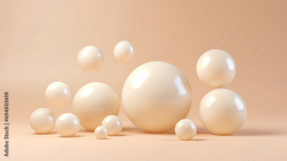 Fototapeta premium 3D beige spheres of different sizes and transparency. Pastel colour palette. Abstract background. Generative AI