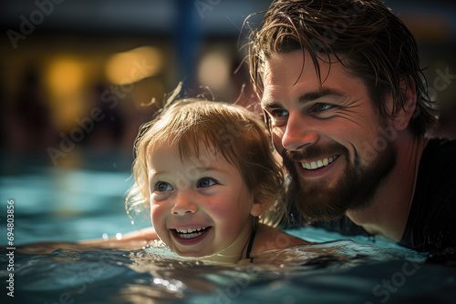 Portrait of happy father and daughter playing together in swimming pool.