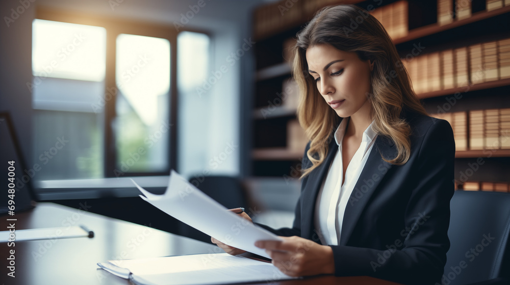 A female lawyer reviewing documents in her office, Business woman, Women day, blurred background, with copy space A female lawyer reviewing documents in her office, Business woman, Women day, blurred background, with copy space