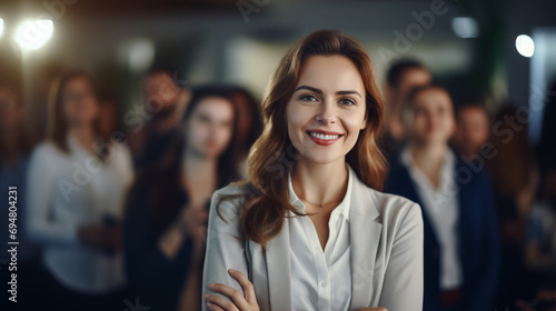 A woman entrepreneur at a startup pitch event, Business woman, Women day, blurred background, with copy space