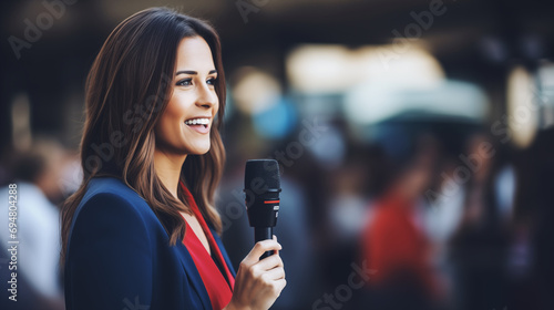 A woman in journalism conducting an interview, Business woman, Women day, blurred background, with copy space