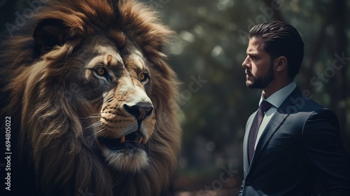 Fearless leader with man in suit standing face to face with a lion
