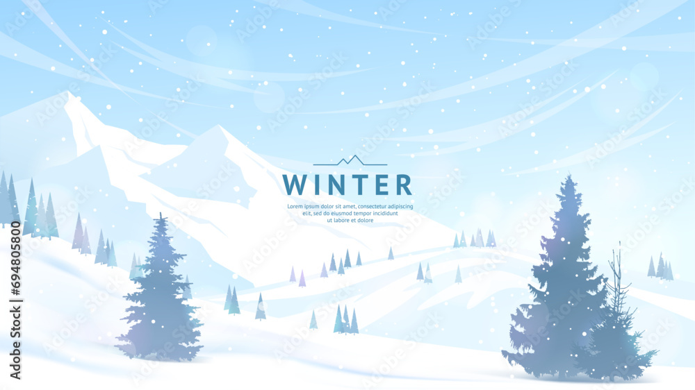 Sunny winter day. Mountains and hills are covered with snow, fir trees stand in snowdrifts, clear blue sky. Frosty freshness. Active recreation in winter, adventure tourism. Vector illustration.