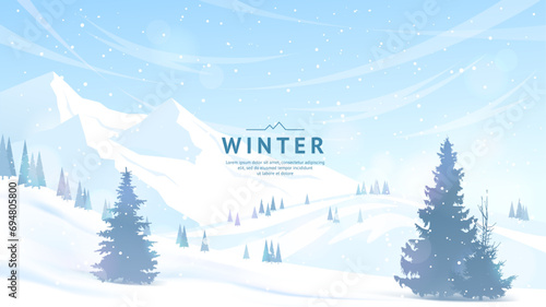 Sunny winter day. Mountains and hills are covered with snow, fir trees stand in snowdrifts, clear blue sky. Frosty freshness. Active recreation in winter, adventure tourism. Vector illustration.
