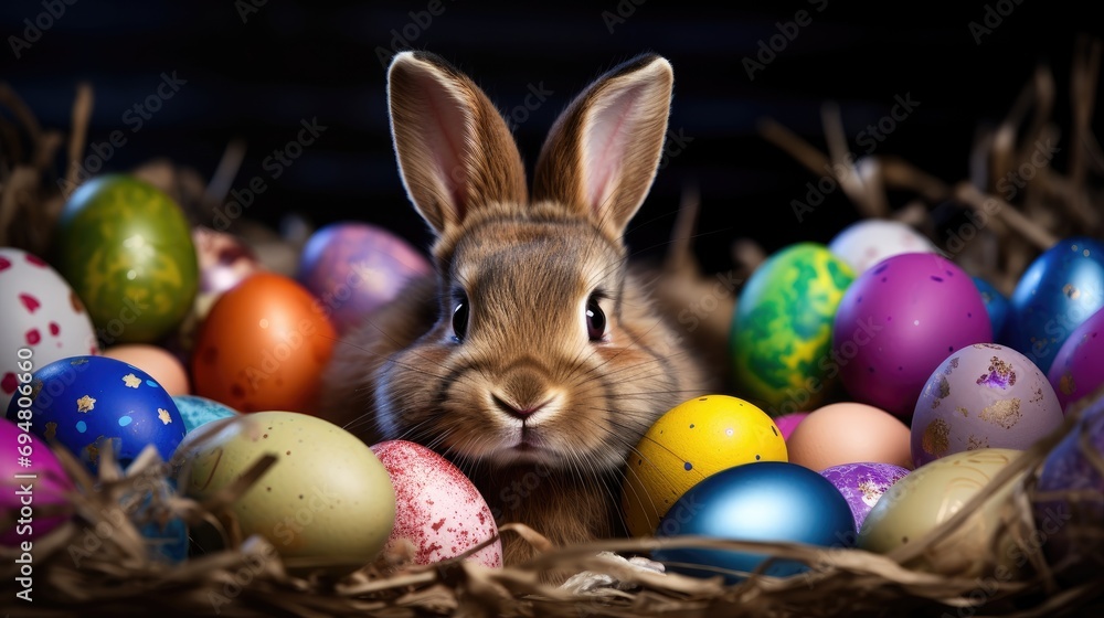 curious and cute rabbit peeking behind a pile of ornate Easter Eggs.