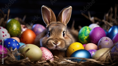 curious and cute rabbit peeking behind a pile of ornate Easter Eggs.