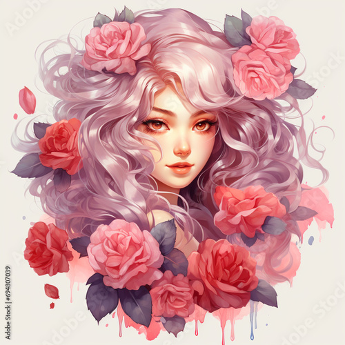 Beautiful girl with rose on hair watercolour illustration